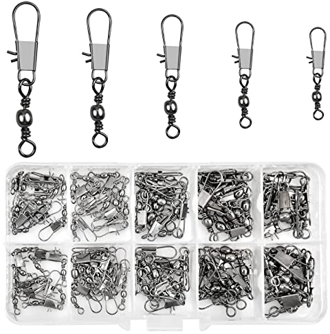 Realure 125 Stück Wirbel Angeln Forellen Angeln Wirbelkarabiner Edelstahl Angelwirbel Mit Karabiner Fischköder Angel Wirbel fur Salzwasser Wirbel, Angelzubehör Wirbel 5 Größe 7# 8# 10# 12# 14#