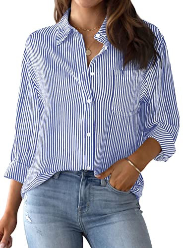 NONSAR Blusa Elegante de Mujer,de Manga Larga, a Rayas, con Botones, Informal, para Oficina, Trabajo, de algodón, Azul, XXL