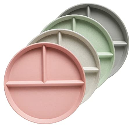 greenandlife 9 Inch (4PCS) Unbreakable Divided Plates for Kids Adults, Dishwasher & Microwave Safe Compartment Plate, Lightweight Reusable Plastic Portion Control Plates, BPA Free and Healthy
