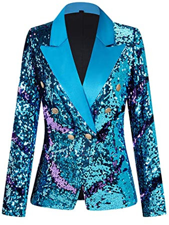 CARFFIV Damen Mode Zweireihige Bankett Party Urlaub Pailletten Langarm Jacken,Blue+Purple,M