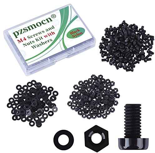 Pzsmocn 300 Stück/100 Sätze M4*8 mm Schwarzes Nylon Kunststoff Kreuzschlitz Rundkopfschrauben-Sechskantmuttern mit Isolierscheibe Standardgröße, für Heimwerker und Elektronische Montage.