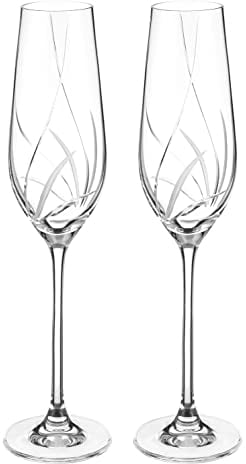 DIAMANTE Champagne Flutes Prosecco Glasses Pair with Meadow Hand Cut Design - Set of 2 Crystal Champagne Glasses ina Gift Box