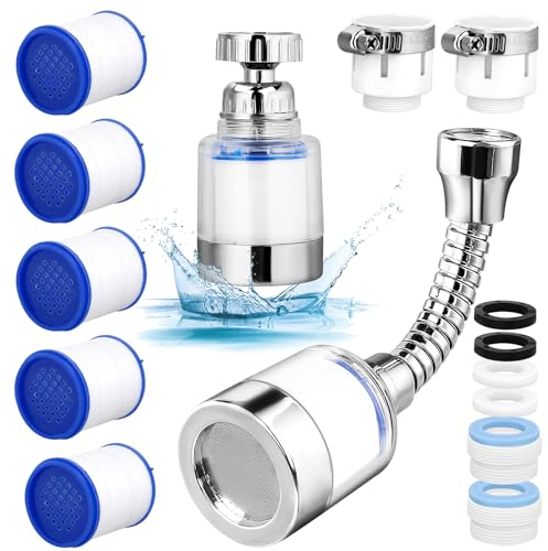 2 Stück Wasserfilter Wasserhahn 360° drehbar Wasserhahn Filter Kalkfilter Filter für Trinkwasser Geeignet für Küche, Bad, Mit 5 Filterelementen und 2 Sätzen Universalanschlüssen