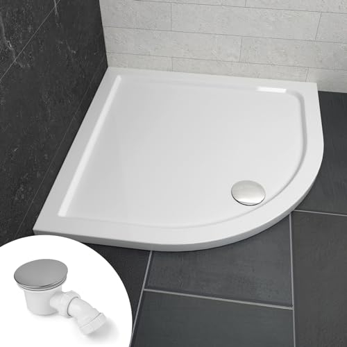Heilmetz® Duschwanne mit Siphon 90 x 90 cm Flach Duschtasse Halbrund Acryl Duschtasse Viertelkreis Radius 55cm, Antirutsch Duschtasse Ø 90mm Ablauföffnung-Weiß