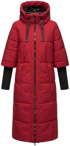 Navahoo Damen langer Wintermantel warmer Steppmantel mit Kapuze und Rippstrickärmeln Ciao Miau XIV Dark Red Gr. L
