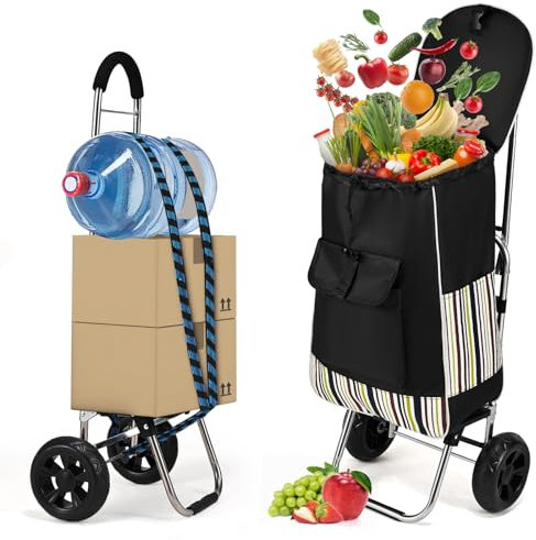 Doovasen 32L Einkaufstrolley Extra große Reifen Klappbarer Einkaufswagen Edelstahl Abnehmbare und regenfeste Tasche Bringen Sie 4 Taschen