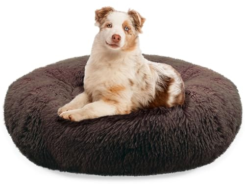 bluzelle Hundebett Große Hunde, 100cm Hundekissen Rund Donut Kissen Hundekorb Flauschig Plüsch, Ergonomisch Bezug Waschbar rutschfest Weich Kuschelig Kunstfell, Farbe:Coffee