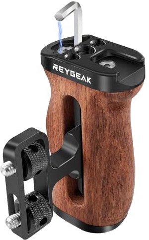 REYGEAK Wooden - Mini maniglia laterale (1/4-20 viti) per gabbia della fotocamera, con chiave integrata per montaggio della pistola a freddo, regolabile su e giù, carico massimo 4 kg