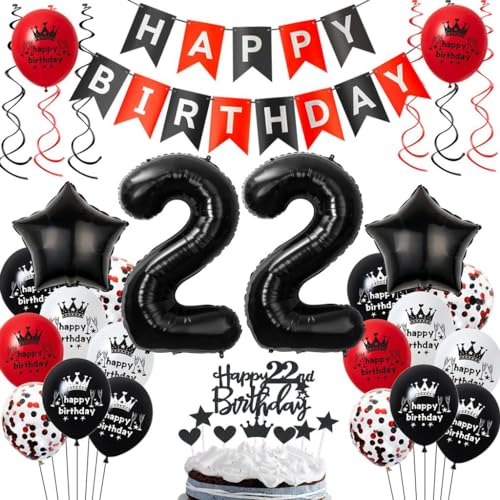 Luftballons 22. Geburtstagsdeko Rot Schwarz, 22 Jahre Schwarz Rot Geburtstag Partydekoration, 22. Luftballons Geburtstag , Ballons 22 Jahre Mann Frau, 22. Party Deko