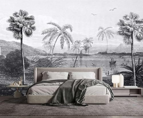 MFWFM Vintage Black and White Forest Wallpaper Hand Painted Palm Tree Wall Mural for Bedroom Living Room (Not Peel n' Stick)