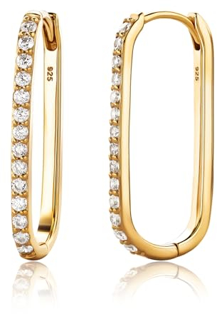 Miore Orecchini Donna Argento Placcati Oro Giallo 18KT, Orecchini cerchio Ovale in Argento 925 e fila di Zirconi. Orecchino Classico anallergico.