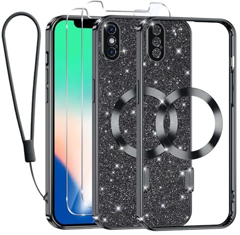 Kokio Handykette für iPhone X/XS Hülle Glitzer, [Kompatibel mit MagSafe] Magnetisch Handyhülle für iPhone X/XS mit 2 Stück Schutzfolie Stoßfeste Silikon TPU Schutzhülle, Schwarz