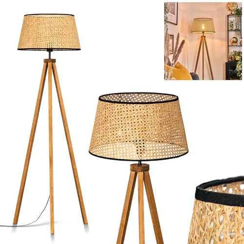 Stehleuchte Ramila, Stehlampe aus Holz/Wiener Geflecht/Rattan in Naturfarben/Schwarz, Leuchte im skandinavischen Design mit rundem Schirm (Ø 45cm) u. Fußschalter, Höhe 150cm, 1x E27, ohne Leuchtmittel