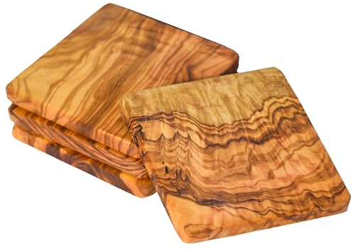 Cleminson Olive Wood 9 cm Square Coasters – Set of 6 or Set of 4 | Rustic Wooden Beautiful Mats for Living or Dining Room (9 x 9 cm, 4, count)