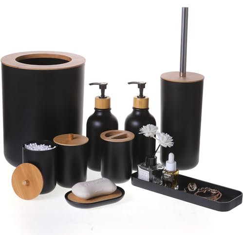 FNGJMJG Badezimmerzubehör-Set, 9-teilig, Bambus-Badezimmer-Zubehör-Set, komplett mit Mülleimer, Seifenspender und Zahnbürstenhalter, WC-Bürste, Qtip-Halter, Schminktisch, Seifenschale, Mattschwarz