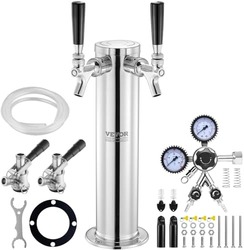 VEVOR Kegerator Tower Kit, Dual Taps Beer Conversion Kit, Stainless Steel Keg Beer Tower Dispenser with Dual Gauge W21.8 Regulator & S-System Keg Coupler for Party Home