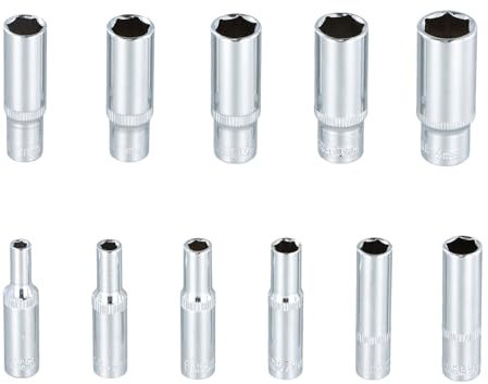 11 Stück Steckschlüssel Lang Satz, Langnuss Set, Glühkerzenschlüssel, Sechskant Tiefbett Steckschlüsseleinsatz, 4-14mm, Steckschlüssel-Einsatz Sechskant, Mattierter Chromoberfläche