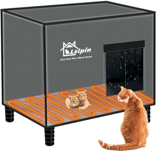 Lslpin Large Indestructible Heated Cat House for Outside Winter, Weatherproof & Elevated, Escape Door, Insulated Cat House, Outdoor Feral Cats Shelter with Heater for Stray Cats Kitty 20*16*18