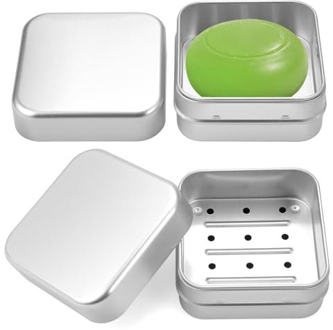 TESSTSY 2 Piezas Soap Box, Jabonera con Rejilla de Goteo Extraíble, Jabonera Caja para Jabon Solido, Jabonera de Aluminio, Caja de Jabón Impermeable Portátil para Casa, Viajes, Camping