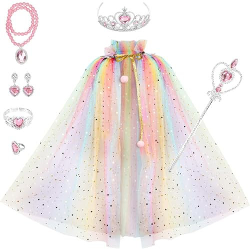 JSTHHTT Robe Cape de Princesse, Filles Princesse Costume Habillage, avec Accessoires de Collier Baguette Magique Princesse Couronne, pour Filles Fête d'Anniversaire Halloween Noël Cosplay