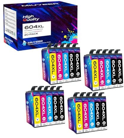 MIUYEER 20 Pack Kompatibel T604 604 XL Druckerpatronen für Epson 604 604XL Patronen für Expression Home XP-3200 XP-3205 XP-4200 XP-4205 XP-2200 XP-2205, Workforce WF-2910 WF-2930 WF-2935 WF-2950 (20)