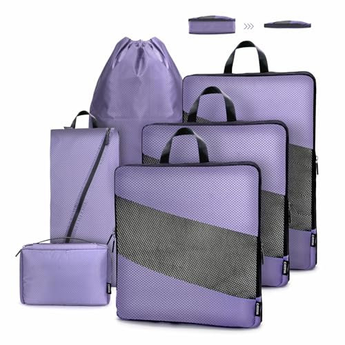 Carttiya Koffer Organizer Kompression Set, Packwürfel Set Kompression Ihres Reisegepäcks, Compression Packing Cube, Komprimierbaren Packwürfeln zur Organisation Packtaschen Set (Violett, 6 Stück)