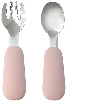 Moon Snow Baby Kleinkind Besteck Set Edelstahl Silikon Gabel & Löffel Set für Kinder Ergonomisches + sicherheitszentriertes Design Geeignet für 6M+ BPA- & PVC-frei Dusty Pink
