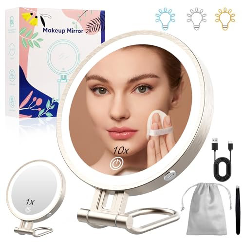 Robofun Schminkspiegel mit Beleuchtung, 1X/10X Vergrößerungsspiegel mit Licht, 3 Farblichter, 20%-100% Helligkeit, Beleuchteter kosmetikspiegel mit Beleuchtung, 3000mAh - Hellgold Metallgehäuse