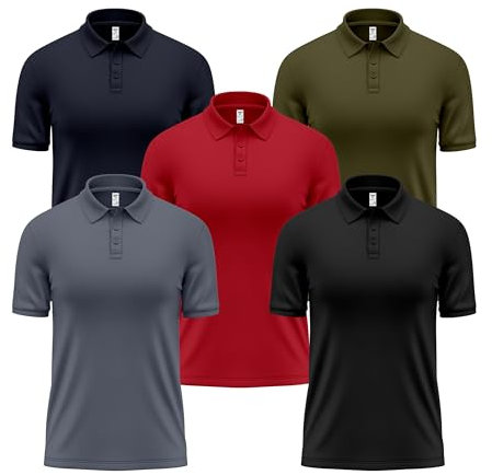 Pack of 3/5 Mens Polo Shirts Short Sleeve Lightweight Quick Dry Golf Casual Collared Tops Moisture Breathable Wicking Work Shirts