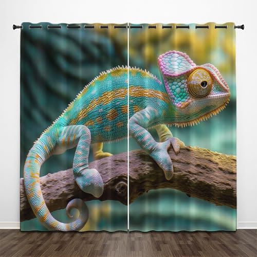 CEDNXOER Vorhänge Blickdicht Gardinen Mit Ösen Wald Tiere Verdunkelung Svorhang 2er Set,3D Chamäleon Vorhänge Kinderzimmer, H 200 x B 70 cm Lärmminderung Gardinen Fensterdekoration