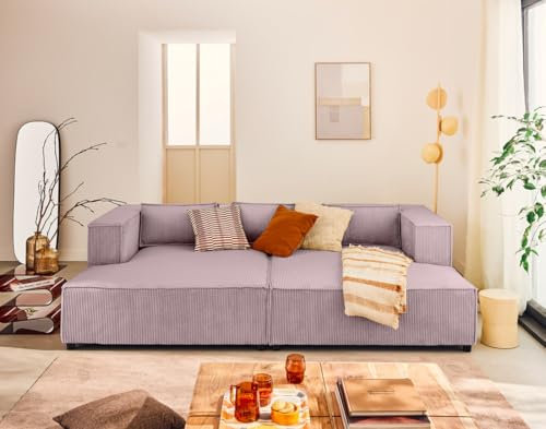 Lisa Design Stella - 3-sitzer Einzelsofa mit doppeltem Récamiere - tiefer Sitz - aus Cordstoff Rosa