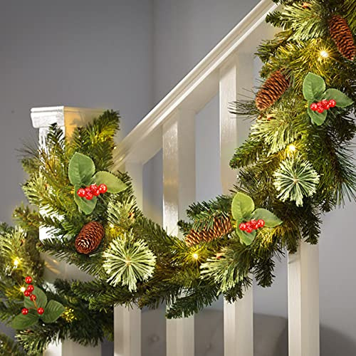 SHareconn 270cm Ghirlanda di Natale Artificiale con Luci bianche calde e luci multicolori,Pigna di Neve e Corda di Bacche Rosse,per Manto Scale Camino Decorazioni Natalizie,Verde