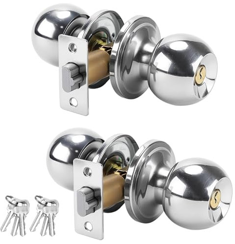 PUCSIQ 2 pomos de puerta con llave de cerradura, pomo de puerta giratorio, pomo redondo de acero inoxidable para dormitorio o baño, plateado, apto para puertas gruesas de 25-45 mm