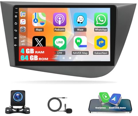 4G+64G Radio Coche GPS para Seat Leon 2 MK2 2005-2012 con Carplay Android Auto,Android 13 Pantalla de 9 Pulgadas con Bluetooth Mirror Link WiFi FM/RDS HiFi + Cámara Trasera