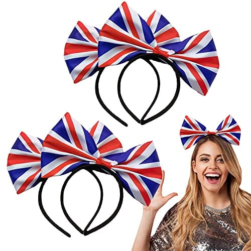 Union Jack Headband for Women & Kid, British Flag Hairband for VE Day, 80th Anniversary Events, England Flag Bow Hair Hoop for Celebrations & Fancy Dress (4PCS)