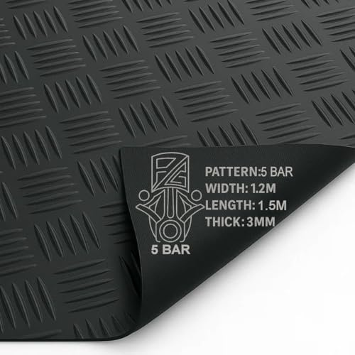 PG Floor Rubber Matting Roll 1.5m x 1.2m, 20m Black Non Slip 5 Bar Mat, Heavy Duty 3mm Thick Waterproof Flooring for Garage Gym Van Shed
