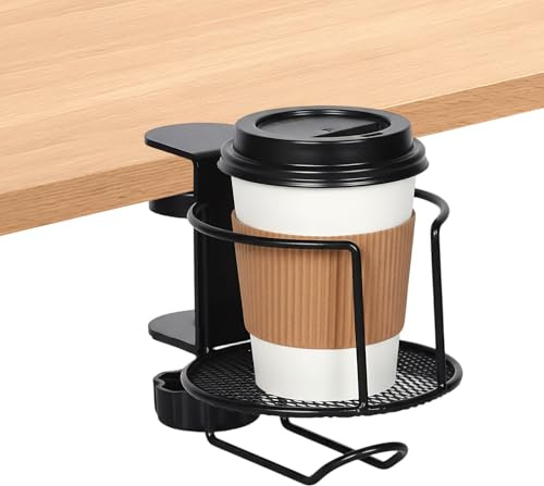 Soporte Vaso Escritorio Duradero, Antifugas Soporte Taza Escritorio, Portabebidas de Mesa Fácil de Instalar, Portavasos de Mesa Colgante Ajustable, Portavasos de Oficina para Agua Bebidas Café (Negro)