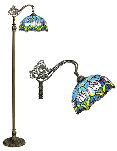 BOTOWI Tiffany-Stil Stehlampe Buntglas Tulpe Bogenlampe 12X18X63 Zoll Schwanenhals verstellbare Ecke Stehendes Leselicht Dekor Schlafzimmer Wohnzimmer,Blau