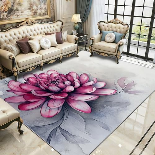 TerroVee Dahlie Teppich, Aquarell Blumen Kleiner Teppich, Künstler Blume Waschbar Kurzflor Weich Teppiche Eingangsbereich Innen Küche, 60x90 cm, Grau Rosa Violett