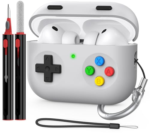Delidigi for AirPods Pro 3 Case Cover Retro Handheld Game Console Design Silicone Protective Case with Cleaner Kit&Carabiner Compatible with AirPods Pro 3rd Generation (USB-C)(Light grey)