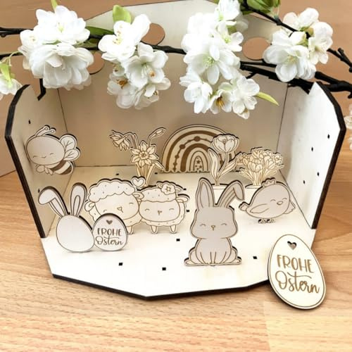 NoriKids Jahreszeitentisch – Montessori Deko – 28x21x21 cm – Motiv Frühling | Steckfiguren aus Holz – spielerisches Entdecken der Jahreszeiten – Kinder-Deko für Frühling, Sommer, Herbst & Winter