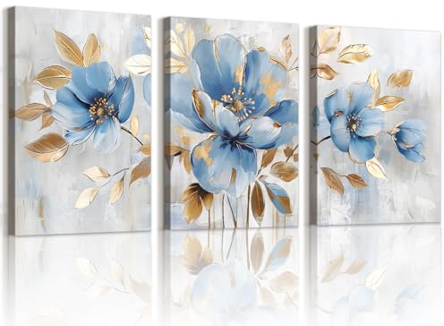 WENGTIAO 3 Stück Blau Gold Geblümt Leinwand Bilder Kunstdrucke Gerahmt, Minimalistische Blaue Blumen mit Goldenen Blättern Gemälde auf Leinwand für Modern Wanddeko Wohnzimmer Schlafzimmer 30x40cmx3