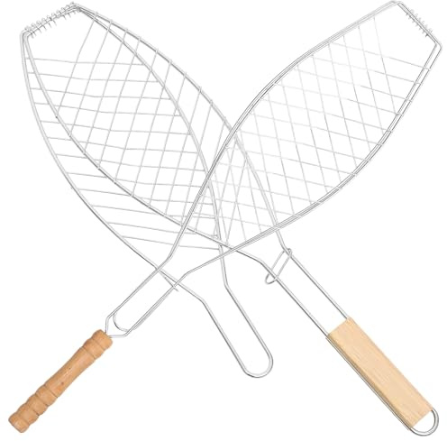 Hohopeti 2 Stück Teiliges Fish Grill Basket mit Holzgriff Stabiles Barbecue Tool für Outdoor Grill Dickes und Dünnes Grillnetz für Fisch und Brot Langlebiger Grillkorb für Gasgrill