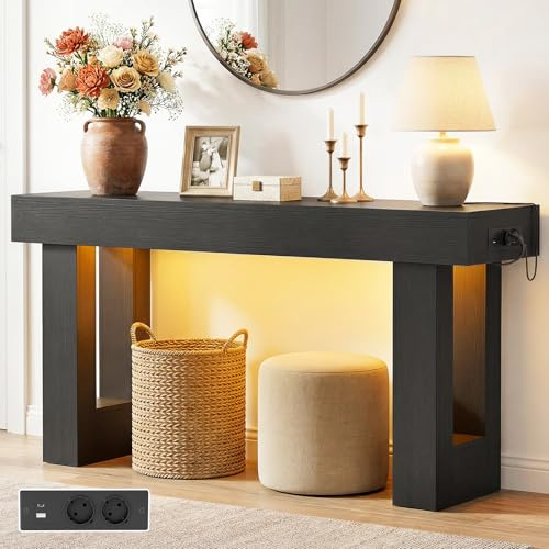 iSunirm Konsolentisch 120 cm mit Steckdosen & Bewegungsmelder-Licht, Beistelltisch mit offenem Stauraum, Landhausstil, für Eingang, Flur, Wohnzimmer, Schwarz