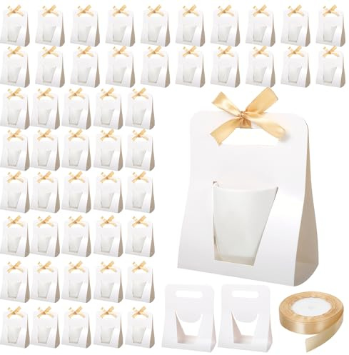 Lemecima 50 Pack Mug Boxes for Gifts, White Cardboard Coffee Mug Gift Box with 1 Roll Gold Ribbon (24 Yard), 11 oz Sublimation Cup Packaging & Storage Boxes for Secure Wrapping & Display