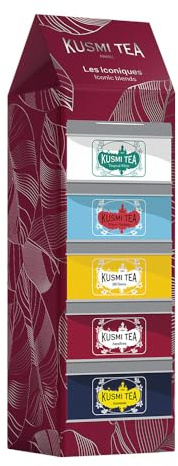 Kusmi Tea - Coffret Les Iconiques - Assortiment de Thés Bio - Idée Cadeau Homme et Femme - Thé Noir, Thé Vert, Thé Blanc et Infusion - Fabriqué en France - 5 Boîtes de 25g