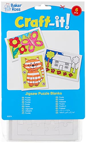 Baker Ross E2274 Jigsaw Puzzle Blanks Value Pack 28 Pieces — Plain White for Kids' Crafts and Art Projects, Party and Loot Bags (Pack of 6), 12cmx17cm