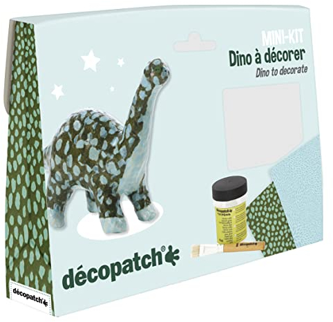 Décopatch KIT011O - Un mini-kit comprenant un animal en papier pulpé blanc, 2 feuilles Décopatch, un pinceau et un pot de vernis colle, DINOSAURE