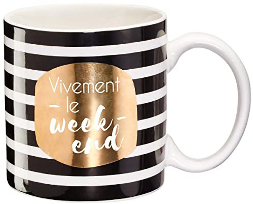 DRAEGER PARIS | Mug Black & Gold porcelaine fine Vivement le week-end |Mug humour à offrir à vos collègues, amis, proches |Mug café original avec coffret Cadeau
