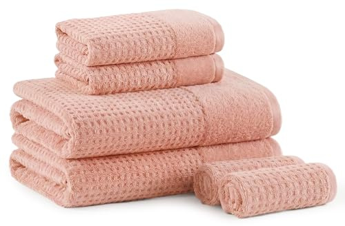 Madison Park 6-teiliges Set aus 100% Baumwolle für Badezimmer, 2 Badetücher, 2 Waschlappen, luxuriöser Jacquard-Waffelkamm, strukturiertes Design, 6 Stück, Rosa